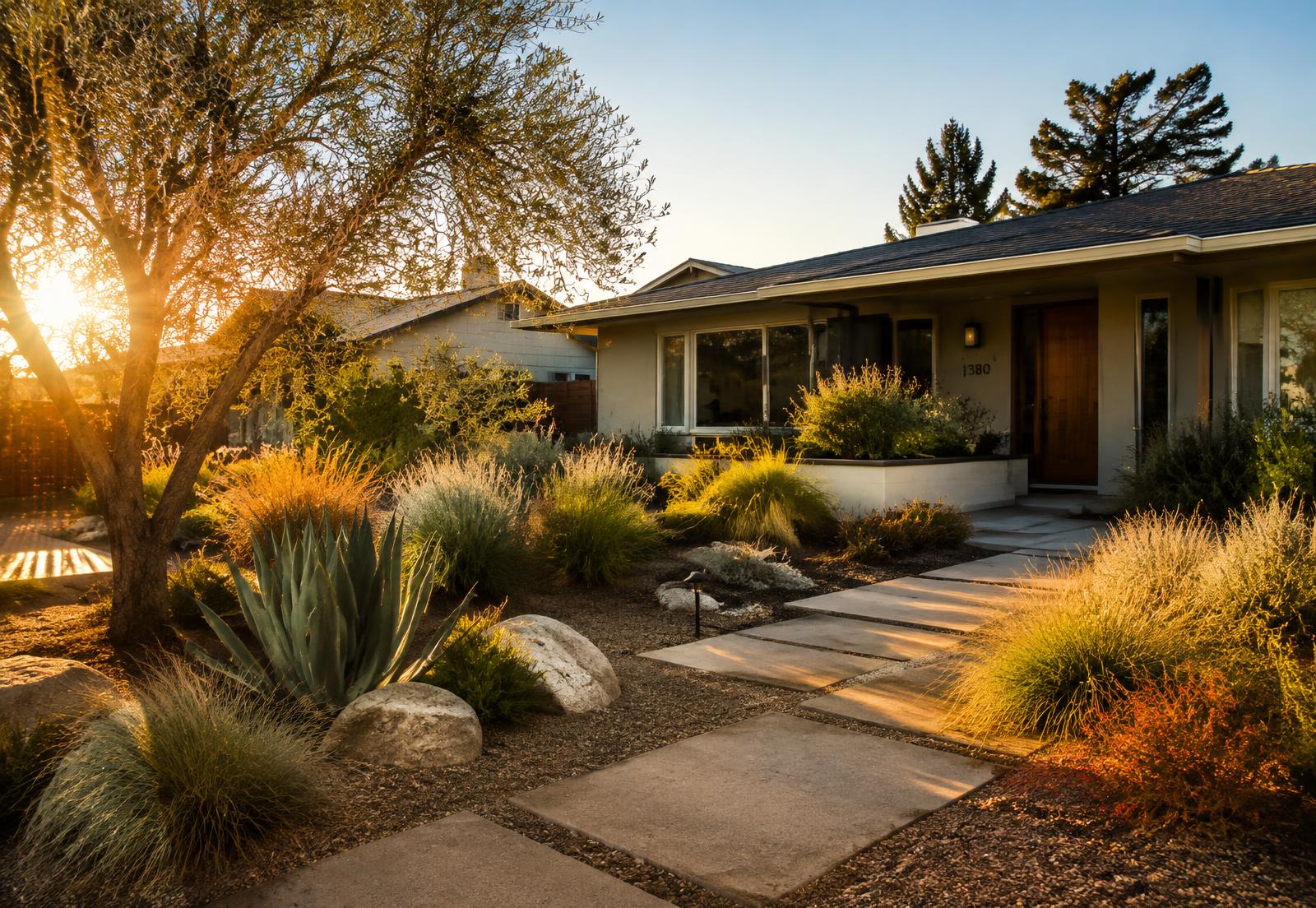 Drought-smart front yard with pavers and native grasses in San Jose